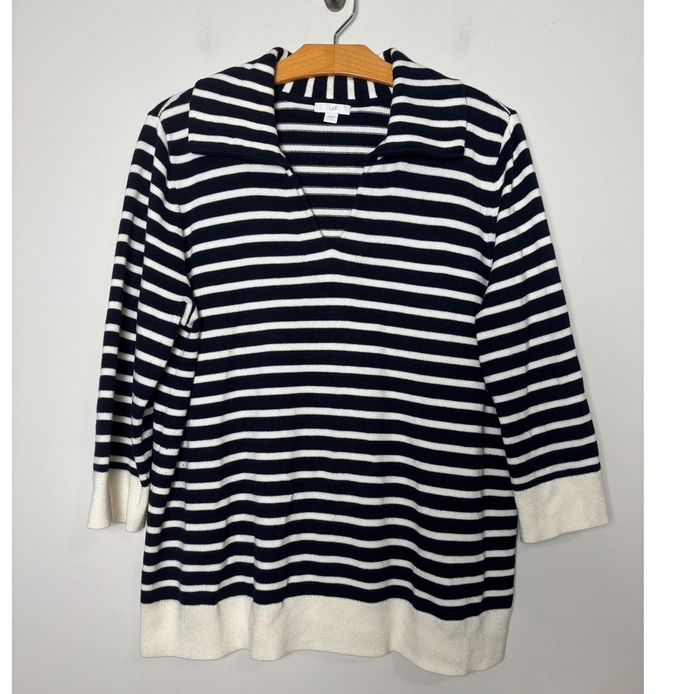 J. Jill Sweater L Blue White Stripe Preppy Nautical 3/4 Sleeve Cotton Blend
